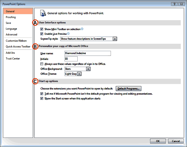 PowerPoint Options dialog box