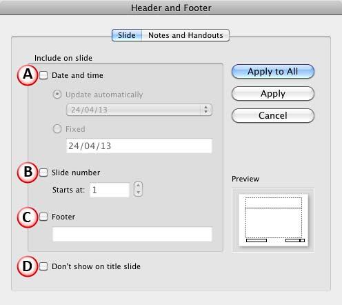 Slide tab within Header and Footer dialog box