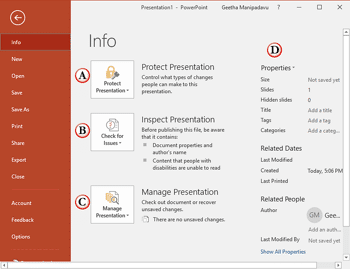 Info Tab of Backstage View in PowerPoint 2016 for Windows