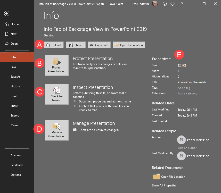 Info tab of Backstage View in PowerPoint 2019 for Windows