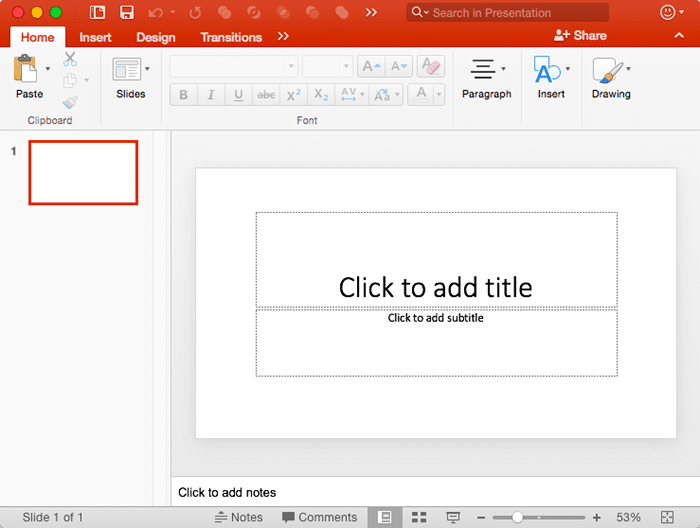 New presentation in PowerPoint 2016 for Mac