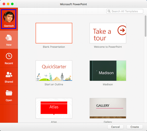 Account option in Backstage View