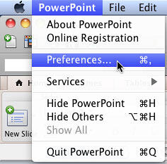 Preferences option selected within the PowerPoint menu