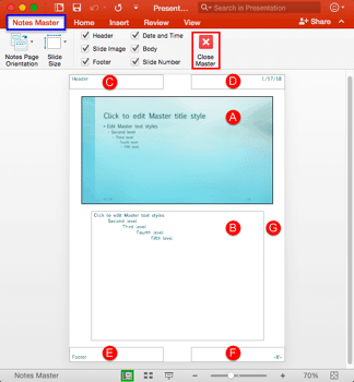Notes Master View in PowerPoint 2016 for Mac