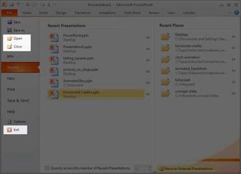 PowerPoint 2010 Backstage View -- Open, Close, and Exit