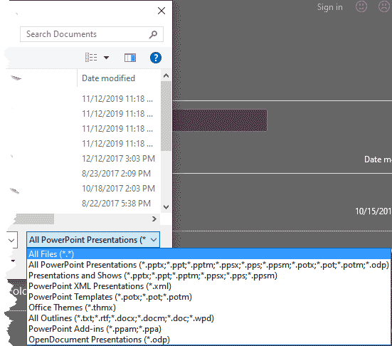 Open file types in PowerPoint 365
