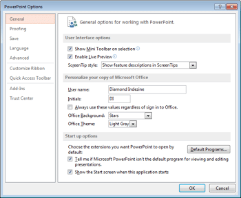 Options Tab in Backstage View in PowerPoint 2013 for Windows