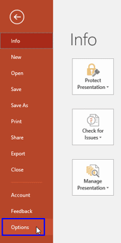 Options Tab in Backstage View in PowerPoint 2016 for Windows