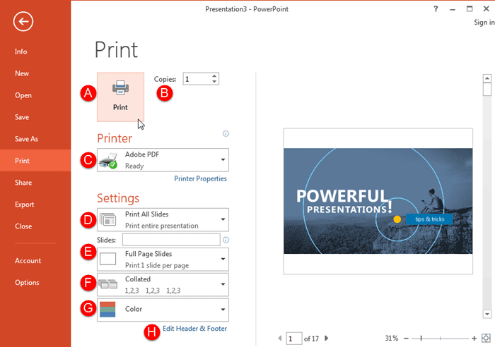 Print Tab of Backstage View in PowerPoint 2013 for Windows