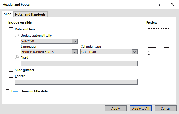 Header and Footer dialog box