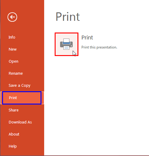 Print Tab of Backstage View in PowerPoint for the Web