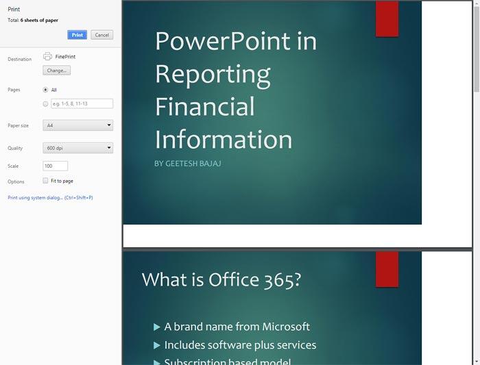Print dialog box in PowerPoint Online