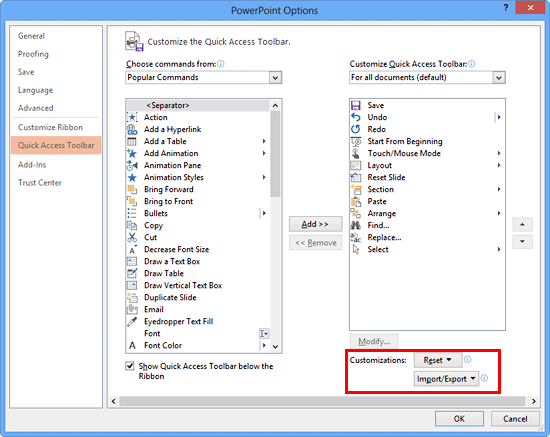 Reset, Export, and Import QAT Customizations in PowerPoint 2013 for Windows