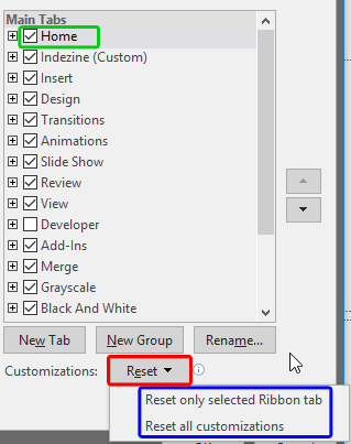 Reset drop-down menu