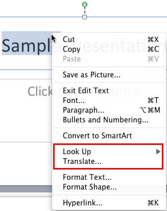 Contextual menu brought up by right clicking a word
