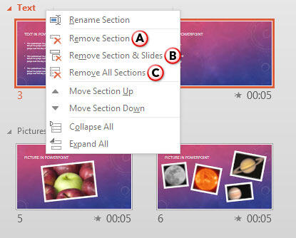 Options to remove the selected Section Options to remove the selected Section