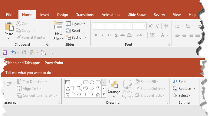 Ribbon and tabs within the PowerPoint 2019 for Windows interface