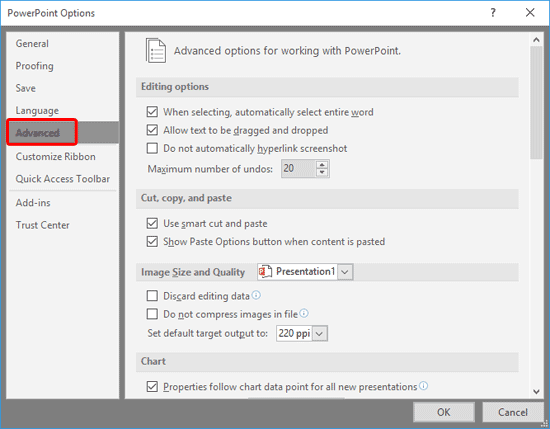 PowerPoint Options Dialog box