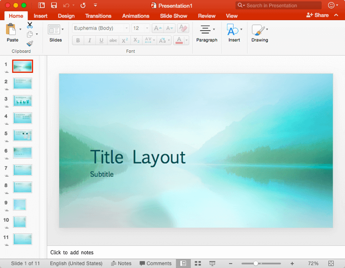 Defult PowerPoint interface with no Rulers visible