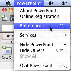 Preferences option selected within the PowerPoint menu Preferences option selected within the PowerPoint menu