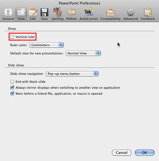 Vertical ruler check box within PowerPoint Preferences window Vertical ruler check box within PowerPoint Preferences window