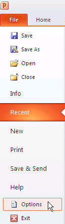 Options selected within File tab