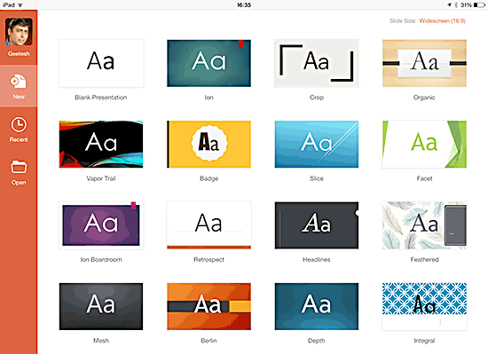 The opening screen in PowerPoint for iPad