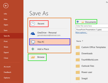 Save and Save As Tabs of Backstage View in PowerPoint 2016 for Windows