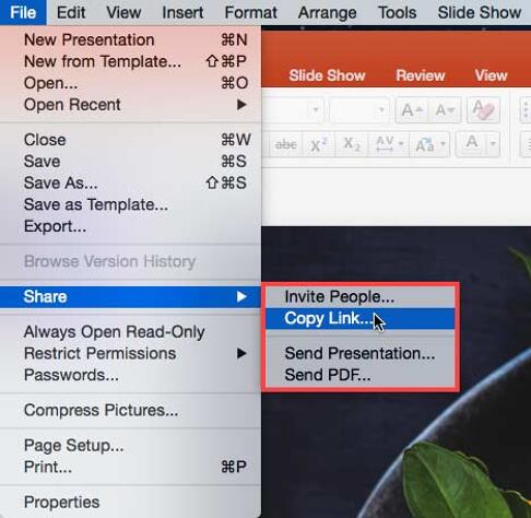 Share options in File menu Share options in File menu