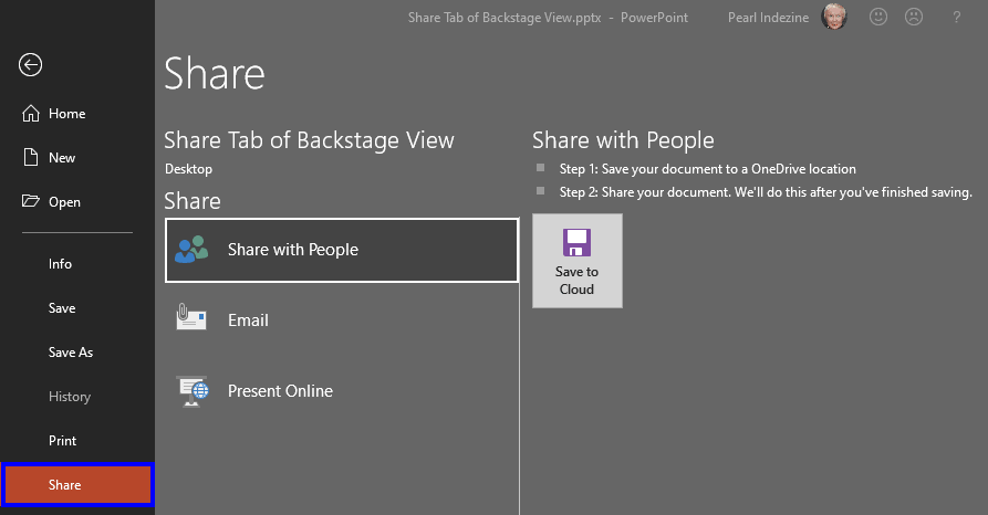 Share options within Backstage view Share options within Backstage view