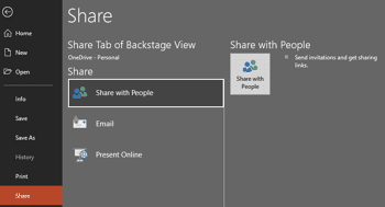 Share Tab of Backstage View in PowerPoint 2019 for Windows
