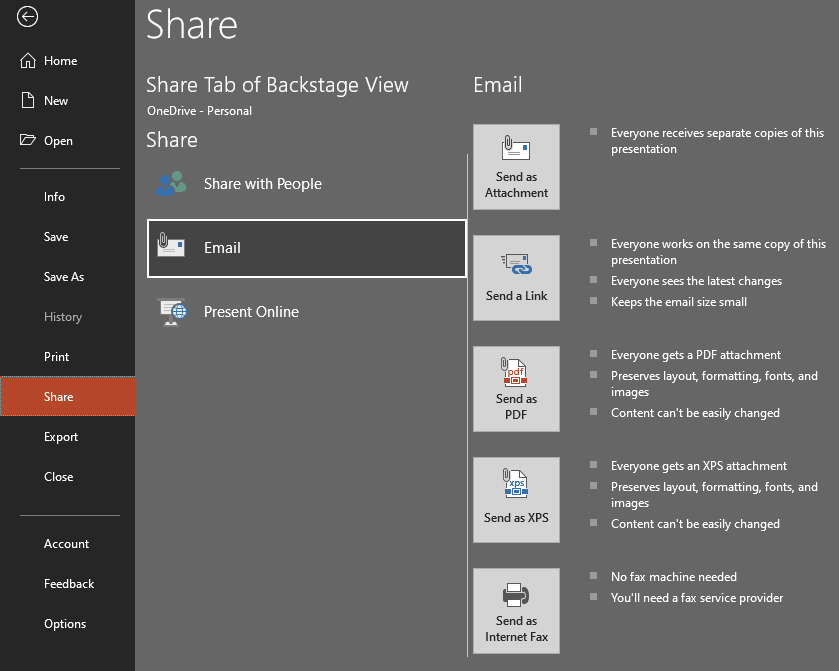 Email sharing options