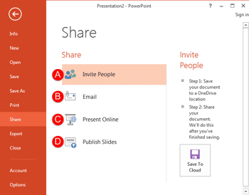 Share Tab of Backstage View in PowerPoint 2013 for Windows