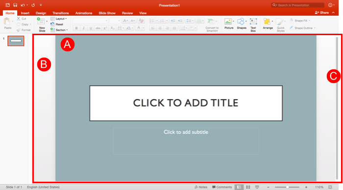 Slide area within PowerPoint 2016 Mac interface