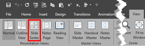 Slide Sorter button within the Presentation Views group Slide Sorter button within the Presentation Views group