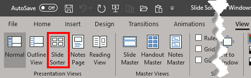 Slide Sorter button within the Presentation Views group Slide Sorter button within the Presentation Views group