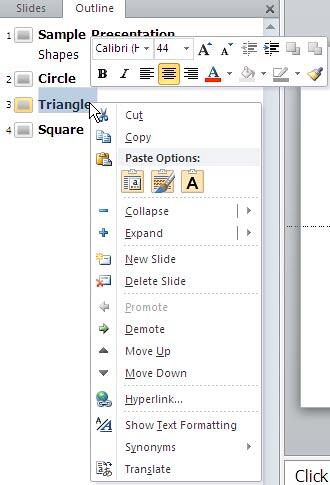 Outline tab edit options