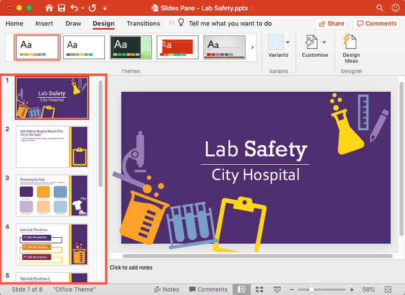 Slides Pane within the PowerPoint 365 for Mac interface