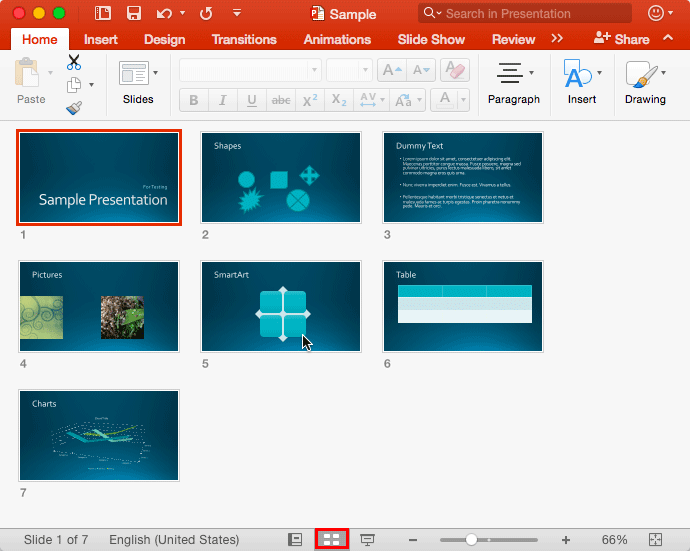 Slide Sorter view in PowerPoint 2016 for Mac