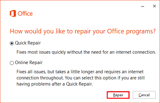 How would you like to repair your Office programs?