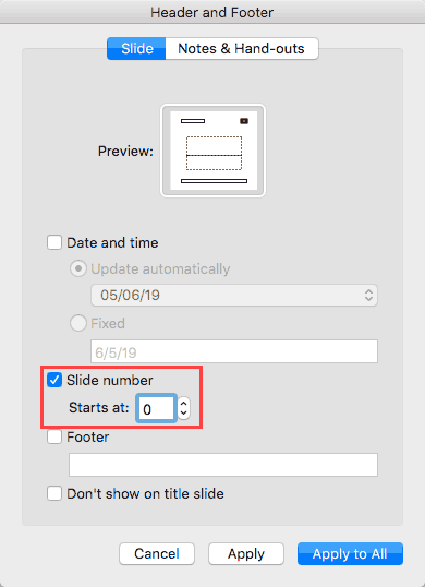 Start slide numbering from Start slide numbering from