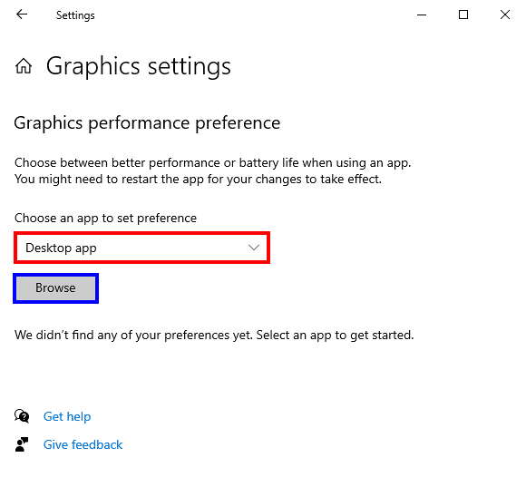 Graphics settings option in Windows