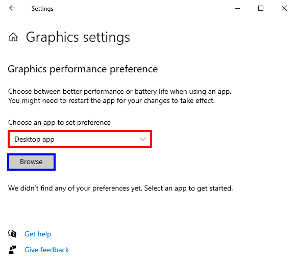 Graphics settings option in Windows Graphics settings option in Windows