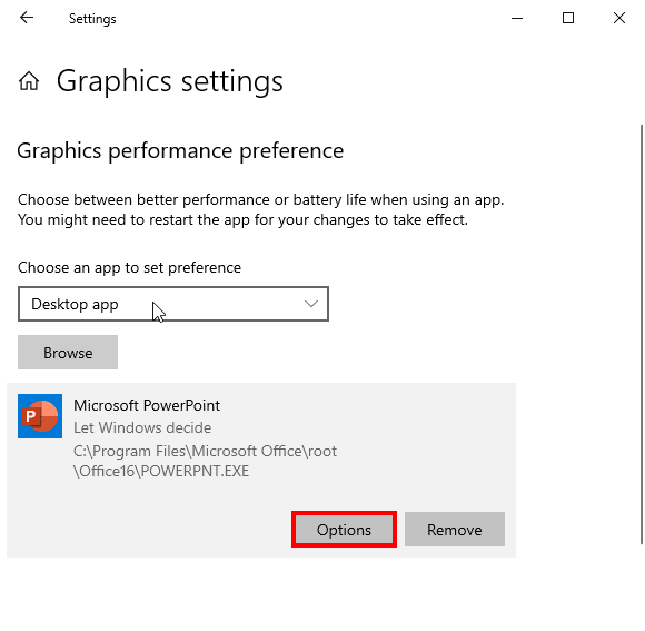 Microsoft PowerPoint is listed within the Graphics Settings dialog box
