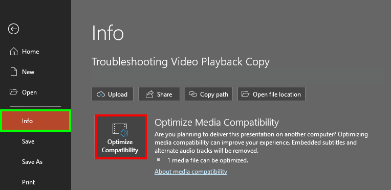 Info tab of Backstage view in PowerPoint 365 for Windows Info tab of Backstage view in PowerPoint 365 for Windows