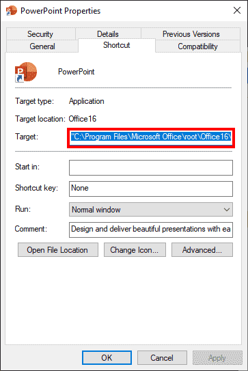 Path to the PowerPoint executable in Windows