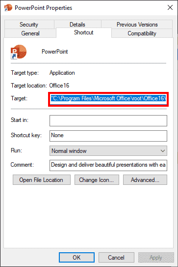 Path to the PowerPoint executable in Windows Path to the PowerPoint executable in Windows
