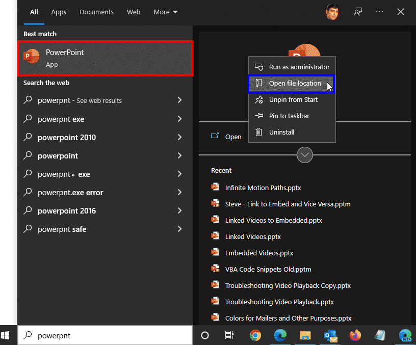 PowerPoint in the Start menu in Windows PowerPoint in the Start menu in Windows