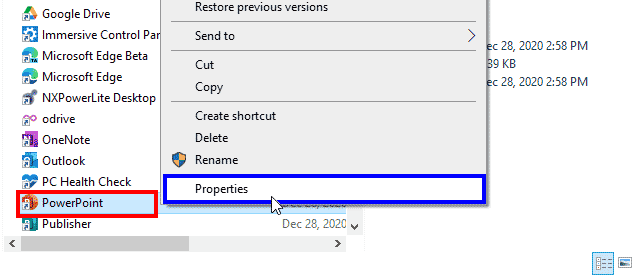 Properties for the PowerPoint shortcut in Windows