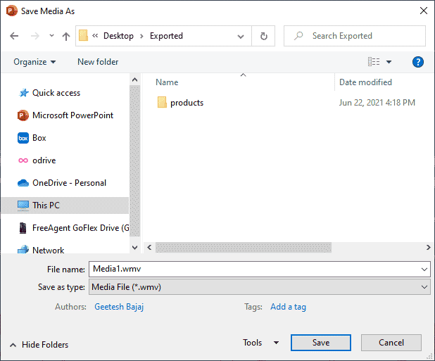 Save Media As dialog box in PowerPoint 365 for Windows